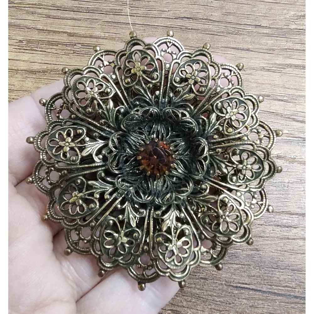 Vtg Brooch  Filigree Amber Color Stone Rivet Construction Victorian Revival J267